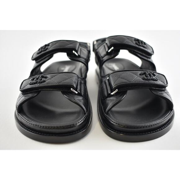 Chanel Black Leather Quilted Chain CC Logo Mule Slide Strap Flat Dad Sandal 39.5 - Picture 8 of 11